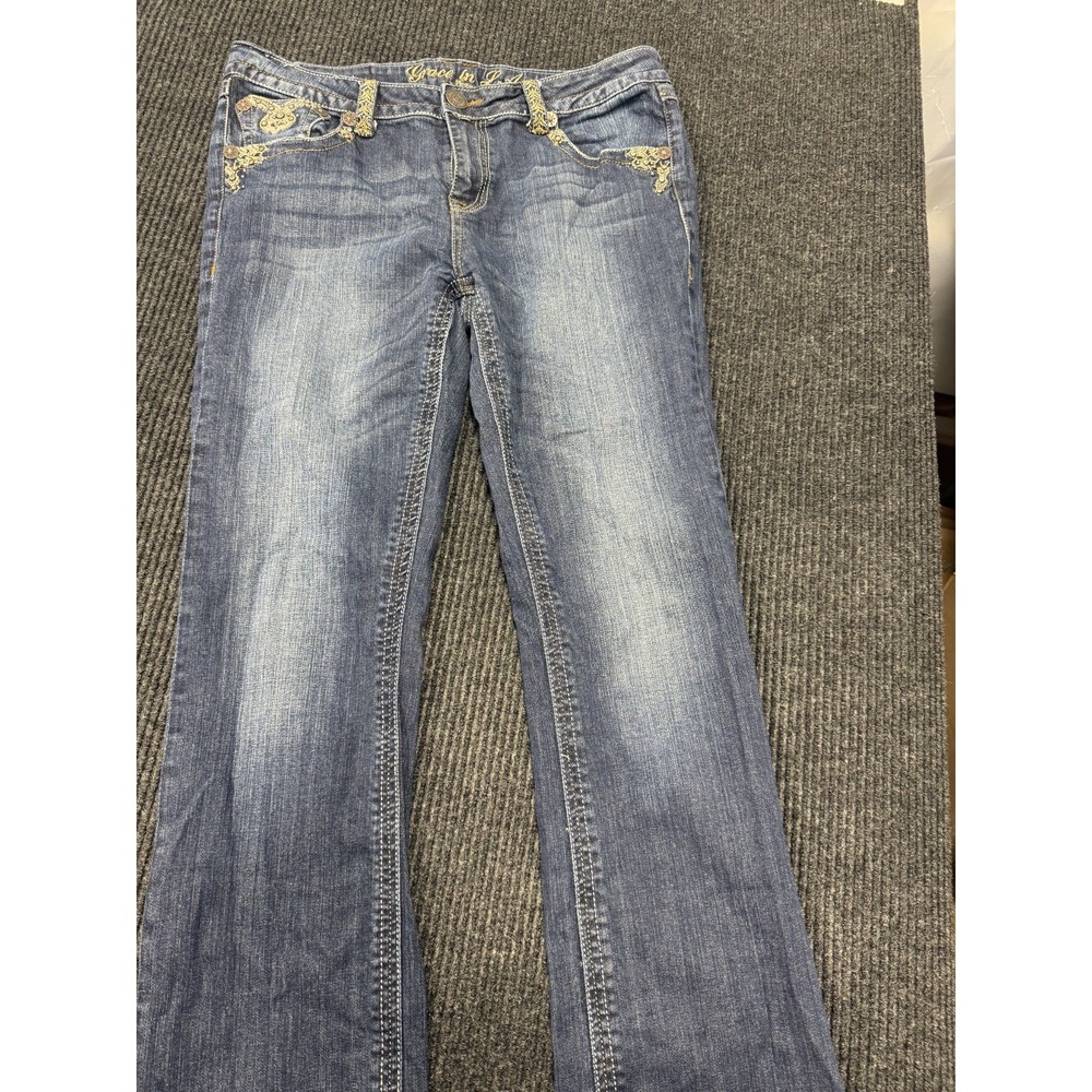 Grace In LA Women's Jeans Size 13M Blue Embroidered Rhinestone Bootcut Western